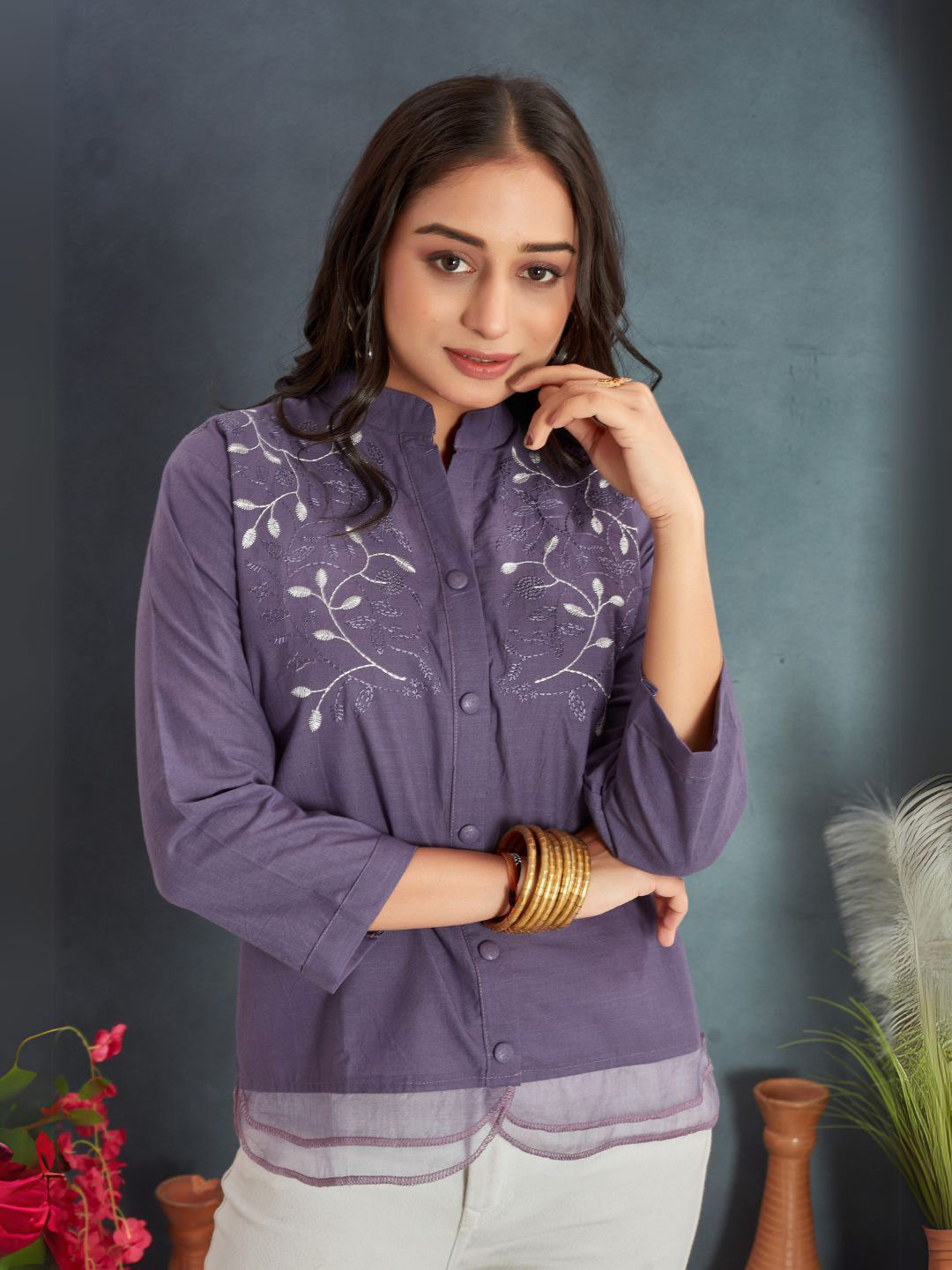 Purple Floral Embroidered High Neck Cotton Top