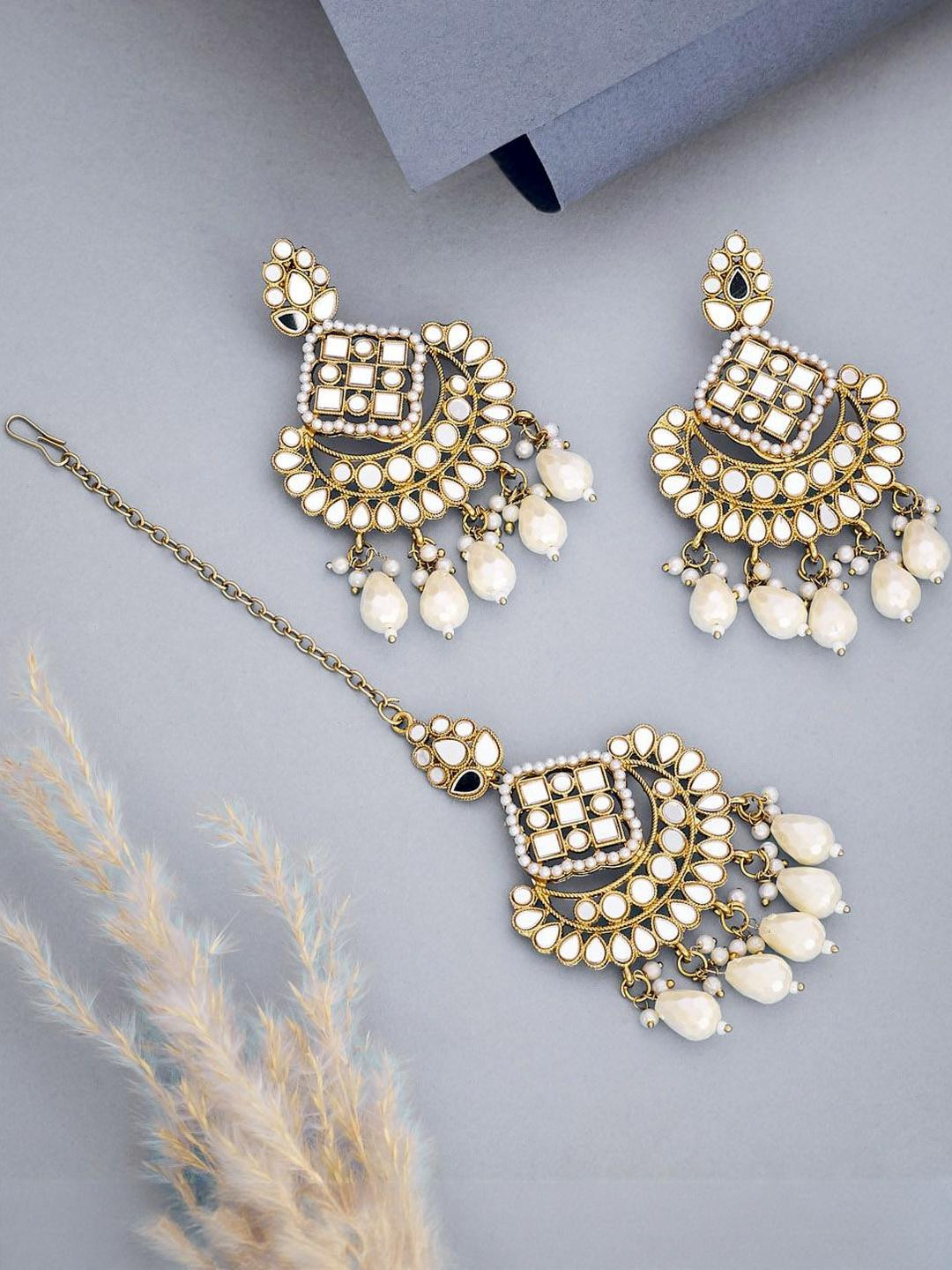 Anouk Set of 2 Gold Plated & White Mirror Stone Studded floral shaped Maangtikka & earrings