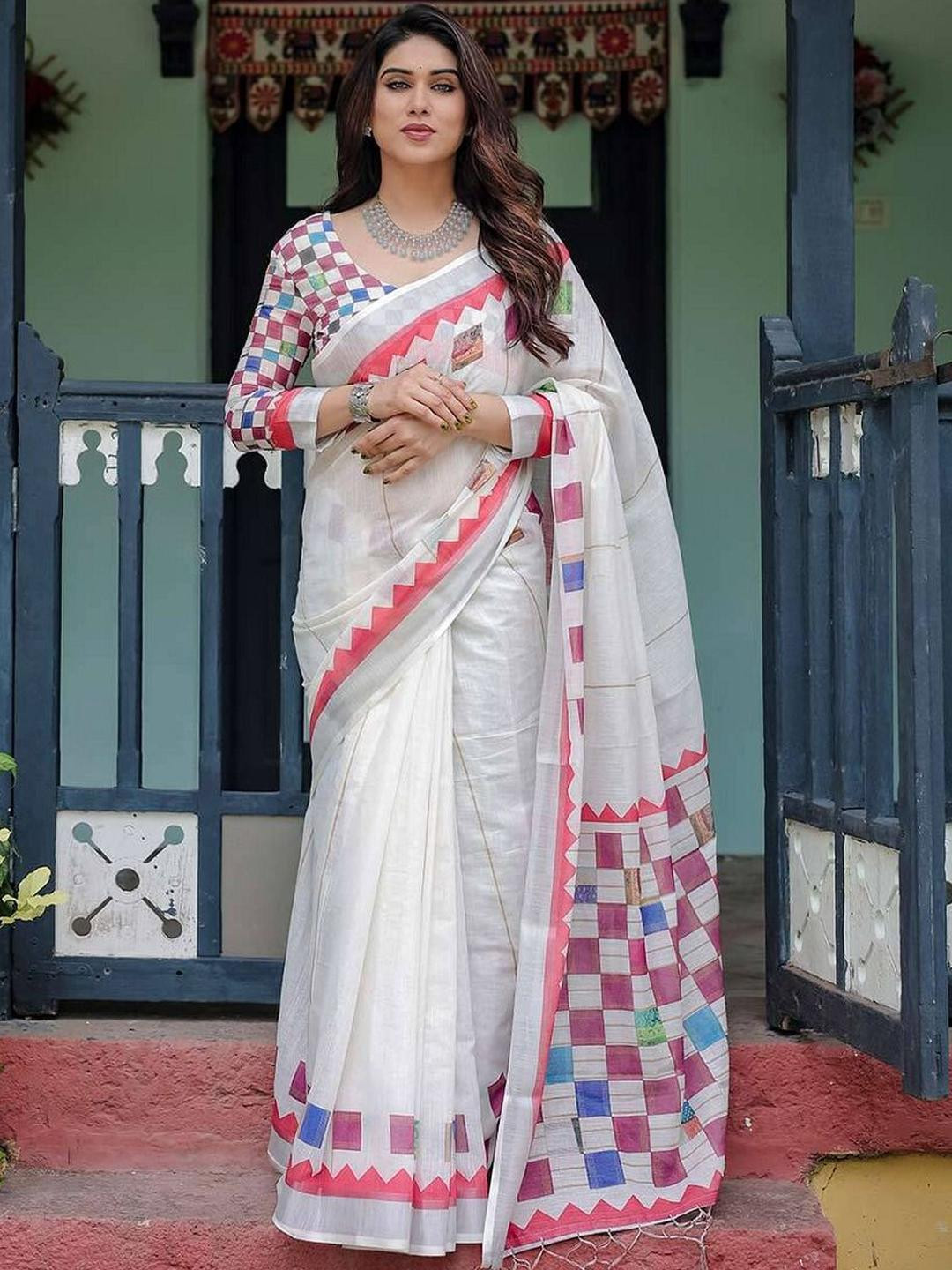 Krujha White Jamdani Silk Cotton Sarees