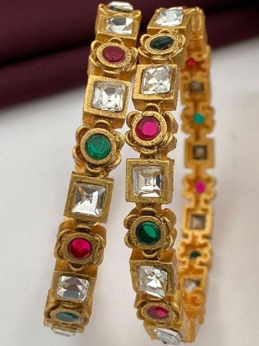 Anouk Gold Plated & Multicolour Kundan Studded Floral Shaped Set of 2 Bangles
