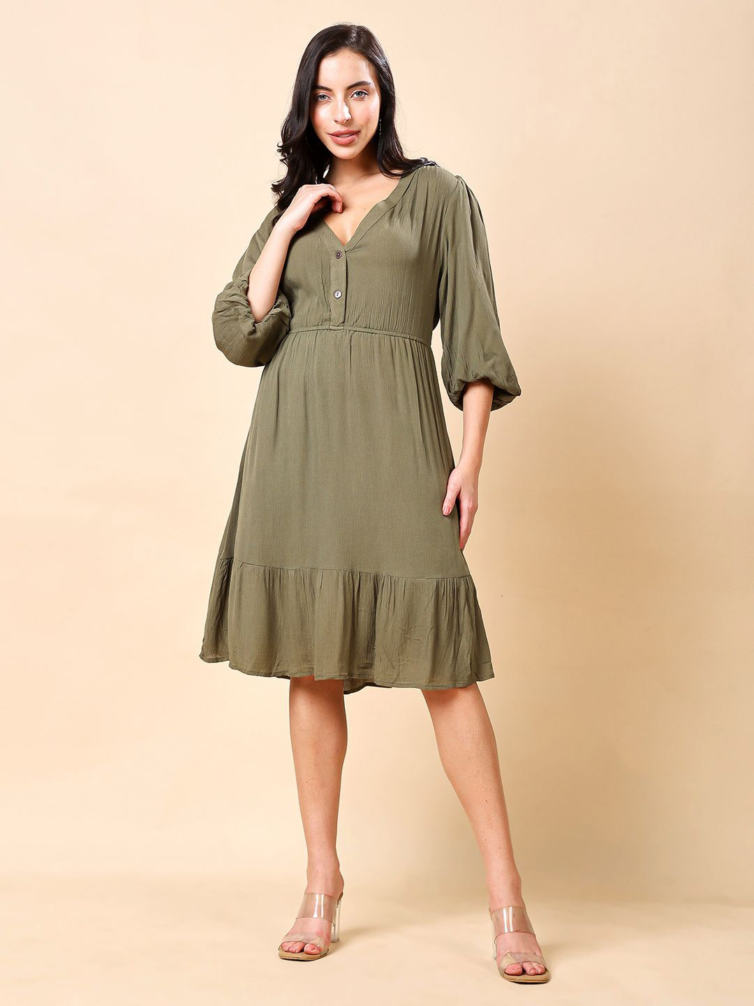 RANGRIWAZ Women Gathered or Pleated Bishop Sleeves A-Line Dress