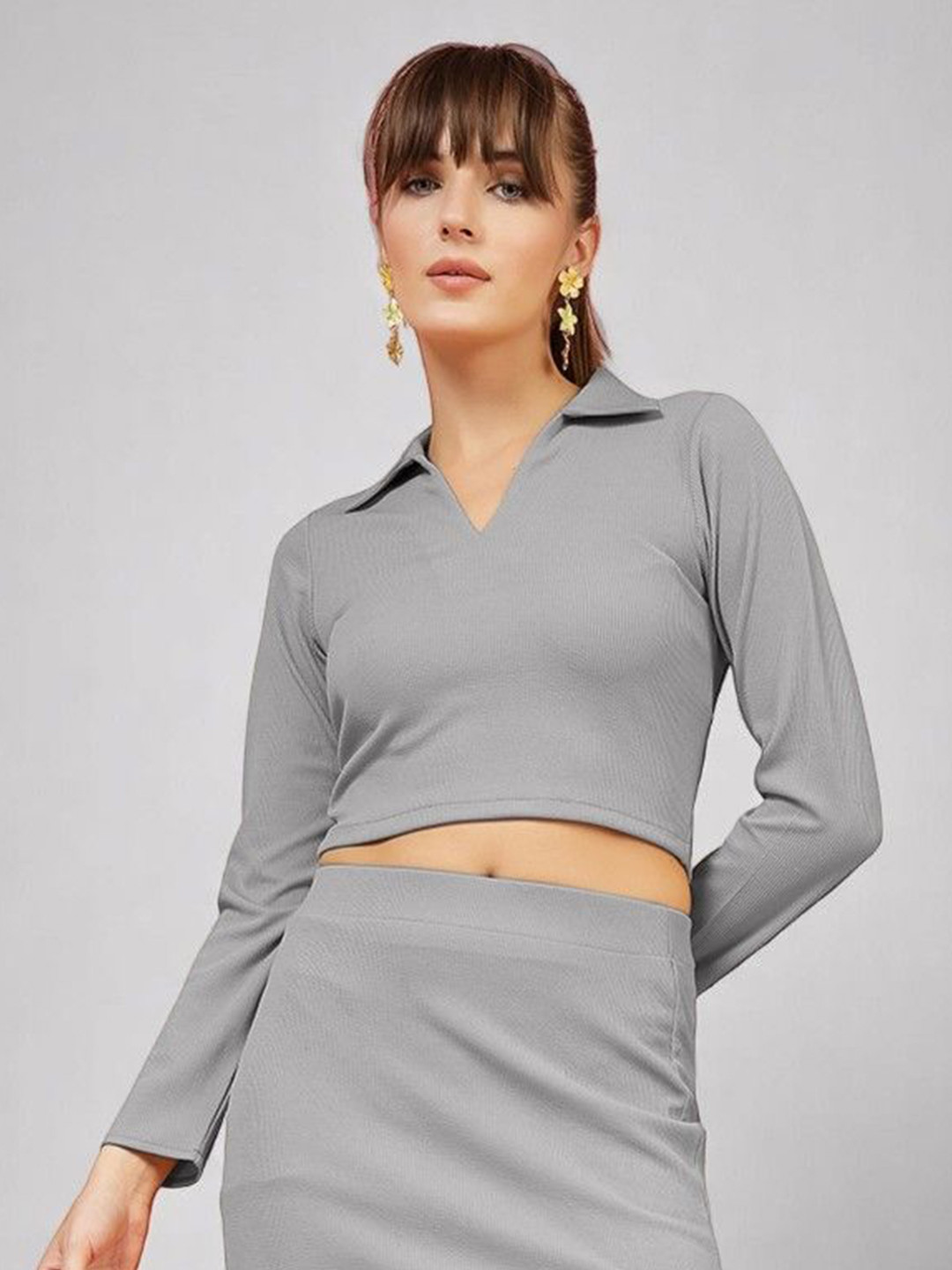 OOMPH! FACTOR Women Ribbed Shirt Collar Fitted Crop Top