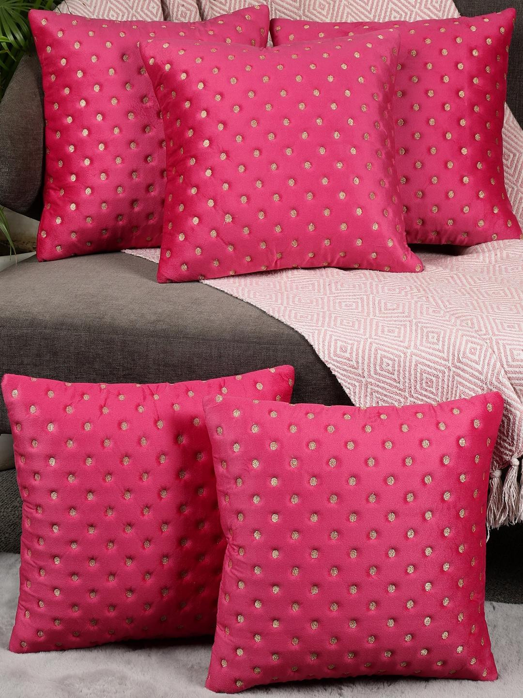 TANLOOMS Polka Dot Embroidered Velvet Washable 5 Pcs Square Cushion Covers - 16 x 16 In