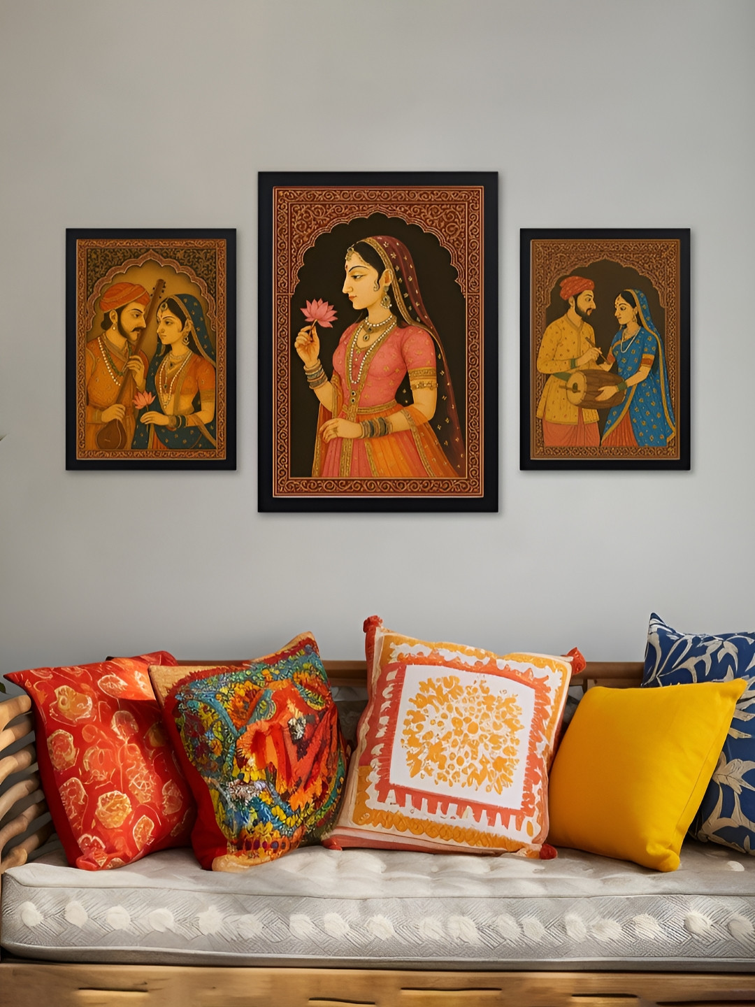 Giftii Rajasthani Love Story Wood 3 Piece Wall Rectangle Paintings Wall Art