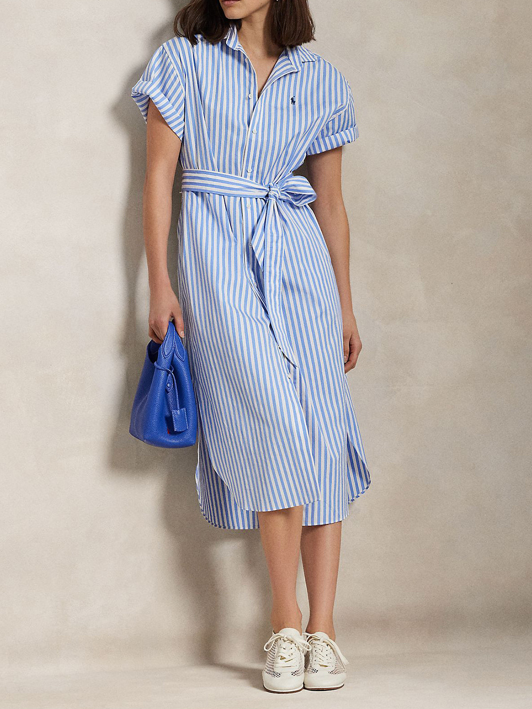 Polo Ralph Lauren Women Striped Pure Cotton Belted Shirt Midi Dress