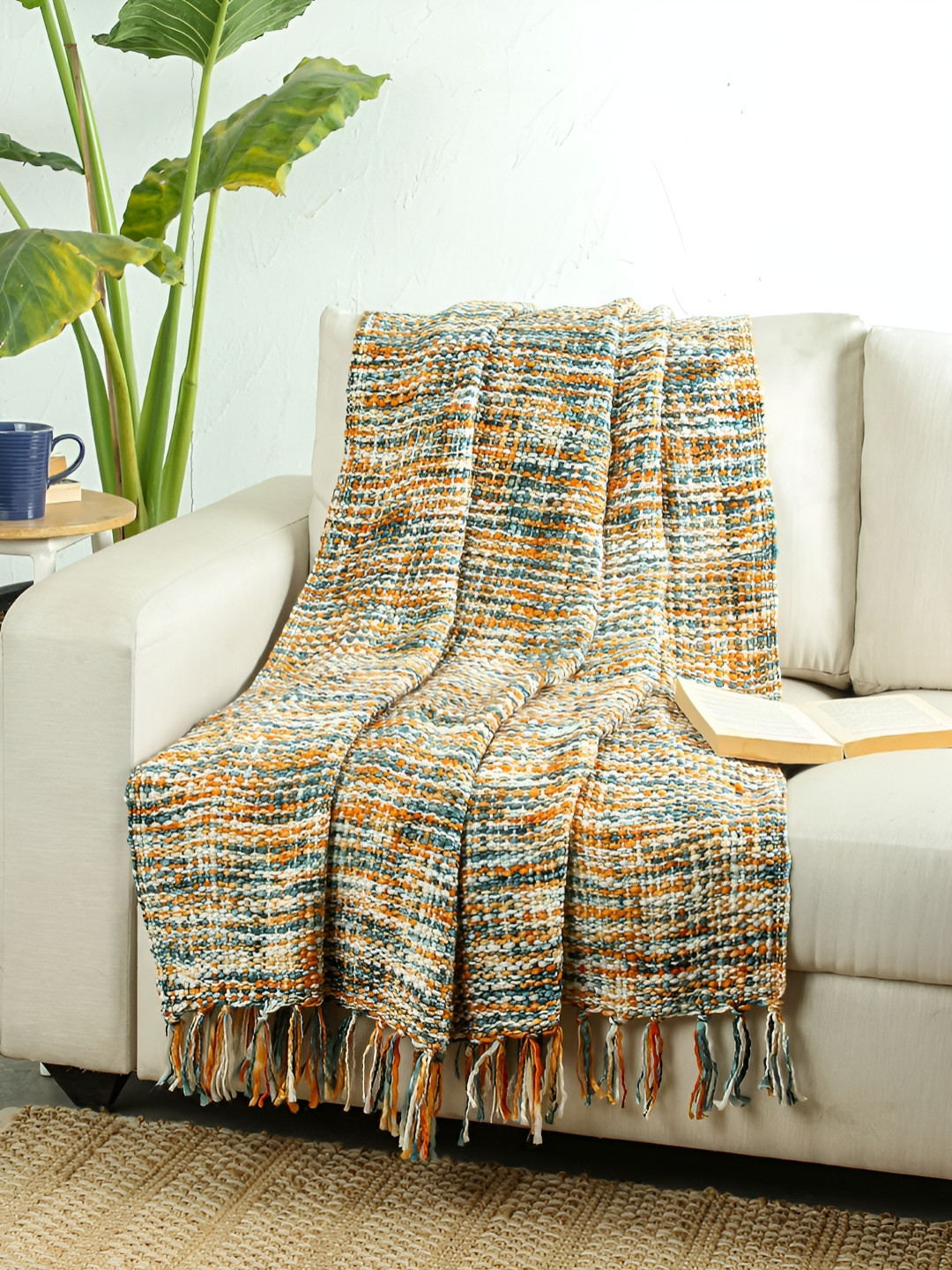 House This Blue & Orange-Colored Textured Varnika Sofa Throw