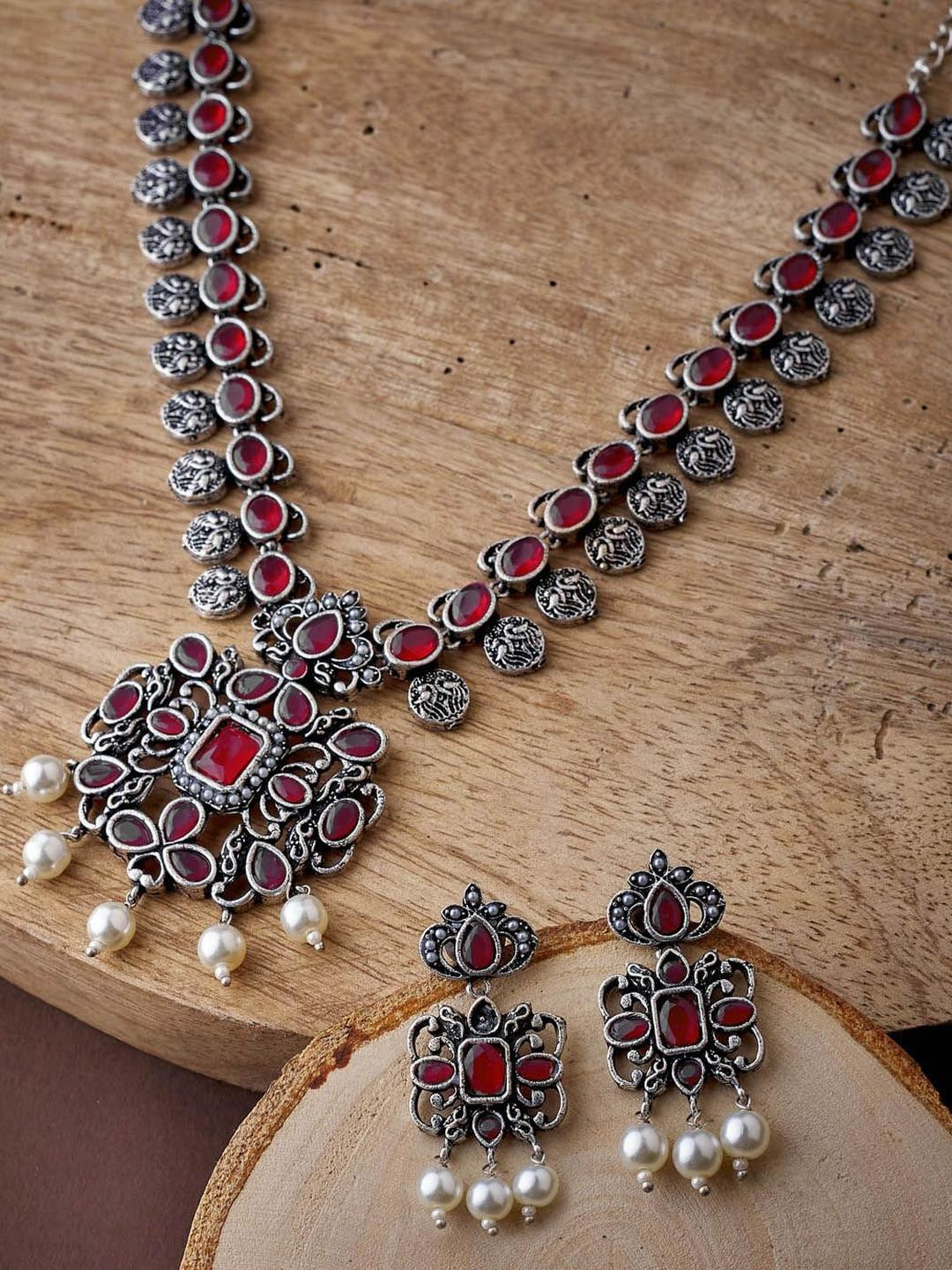 Sangria Silver-Plated German Silver Maroon stone studded Necklace Set with Pearl Drop