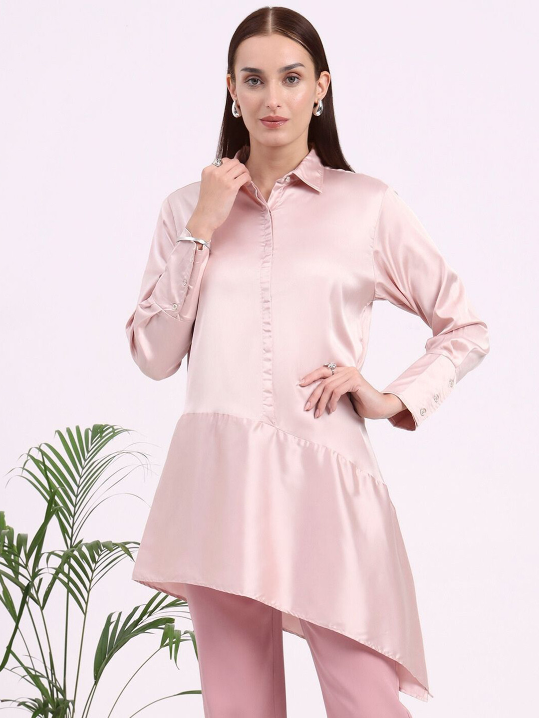 AMSWAN Women European Satin Asymetrical Shirt Top