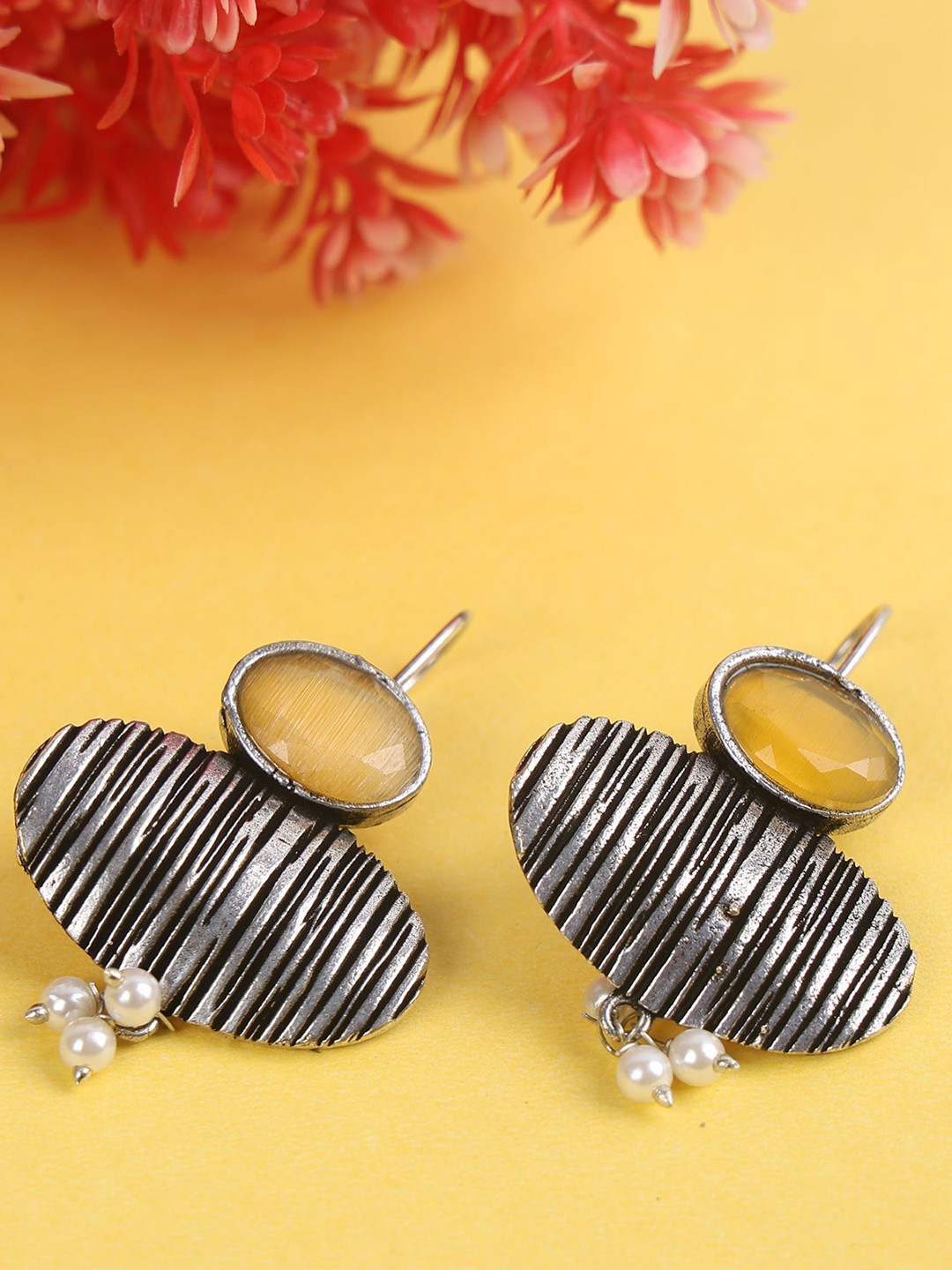 PUJVI Silver-Toned Artificial Stones Studded Oxidised Cotemporary Drop Earrings