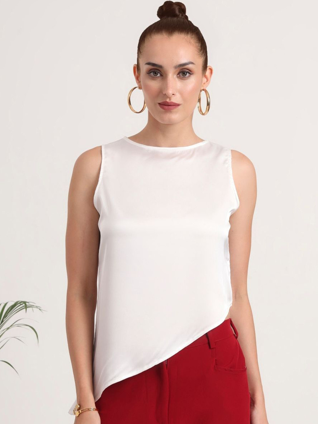 AMSWAN Women European Satin Sleeveless A Symmetric Top