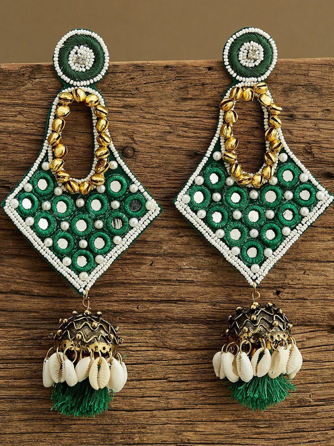 Anouk Gold-Plated Artificial Stones Studded And Beaded Mirror Contemporary Drop Earrings