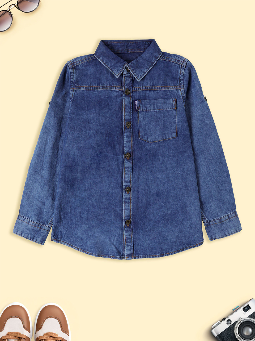 KiddoPanti Boys Roll-Up Sleeves Wrinkle Free Denim Shirt
