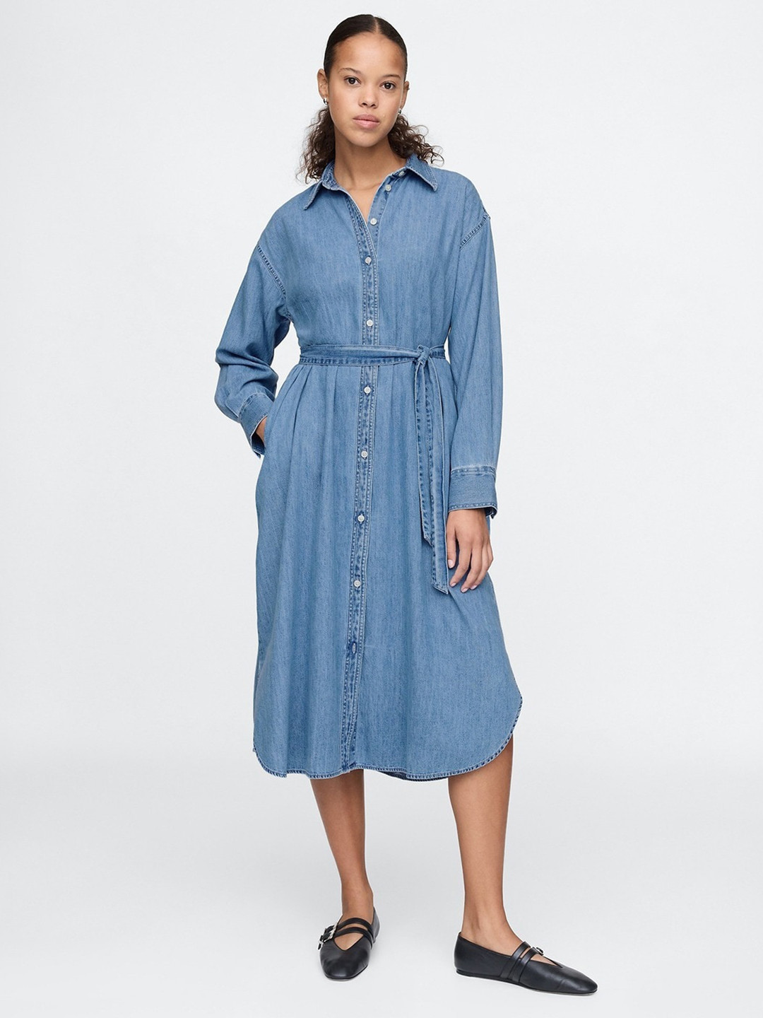 GAP Cuffed Sleeves Belted Pure Cotton Shirt Midi Dress