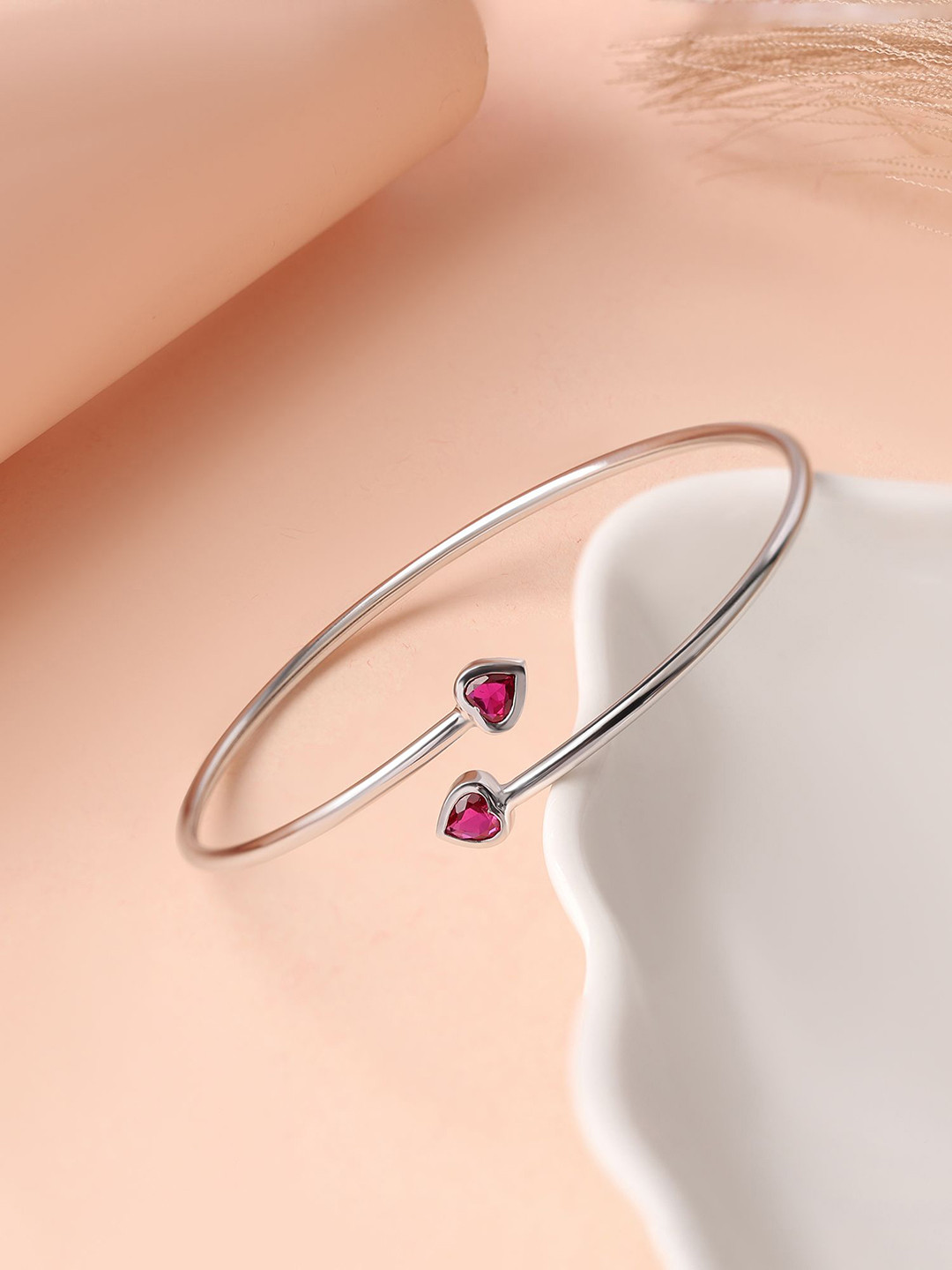 Ornate Jewels 925 Silver Red Cubic Zirconia Heart Cuff Flexible Bangle