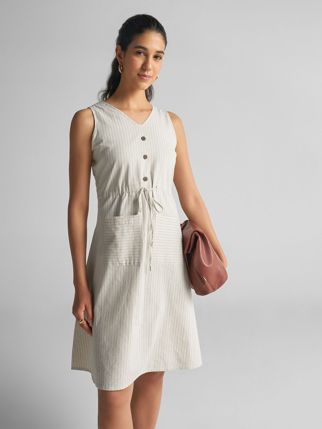 GABLOR Women Striped Printed V-Neck Sleeveless Lace Inserts A-Line Above Knee Dress