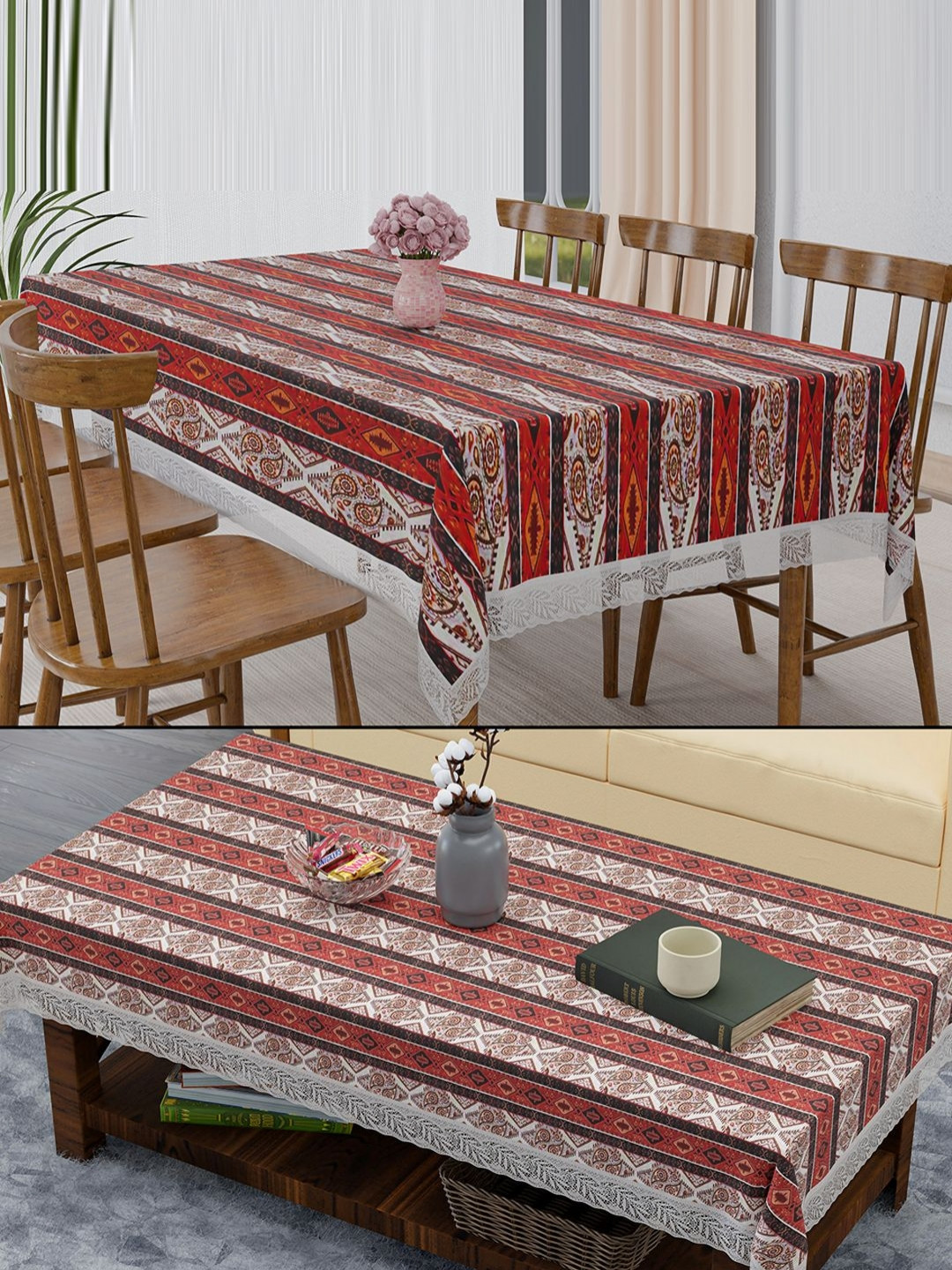 Aura Brown 2 Pcs Themed Combo Set 6 Seater Dining Table Cover & 4Seater Center Table Cover
