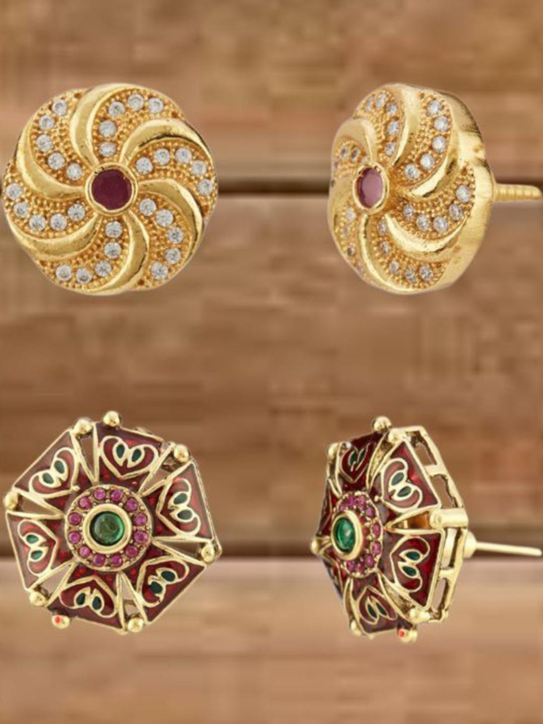 Anouk Meenakari Set Of 2 Gold-Plated Cubic Zirconia Studded Floral Shaped Studs