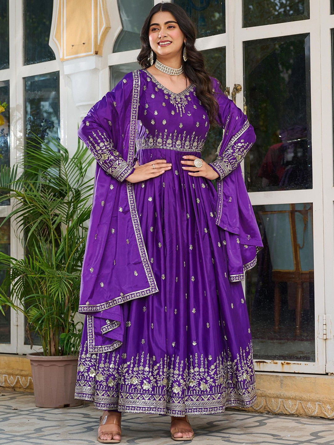 LeeliPeeri Designer Embroidered Anarkali Kurta With Trousers And Dupatta