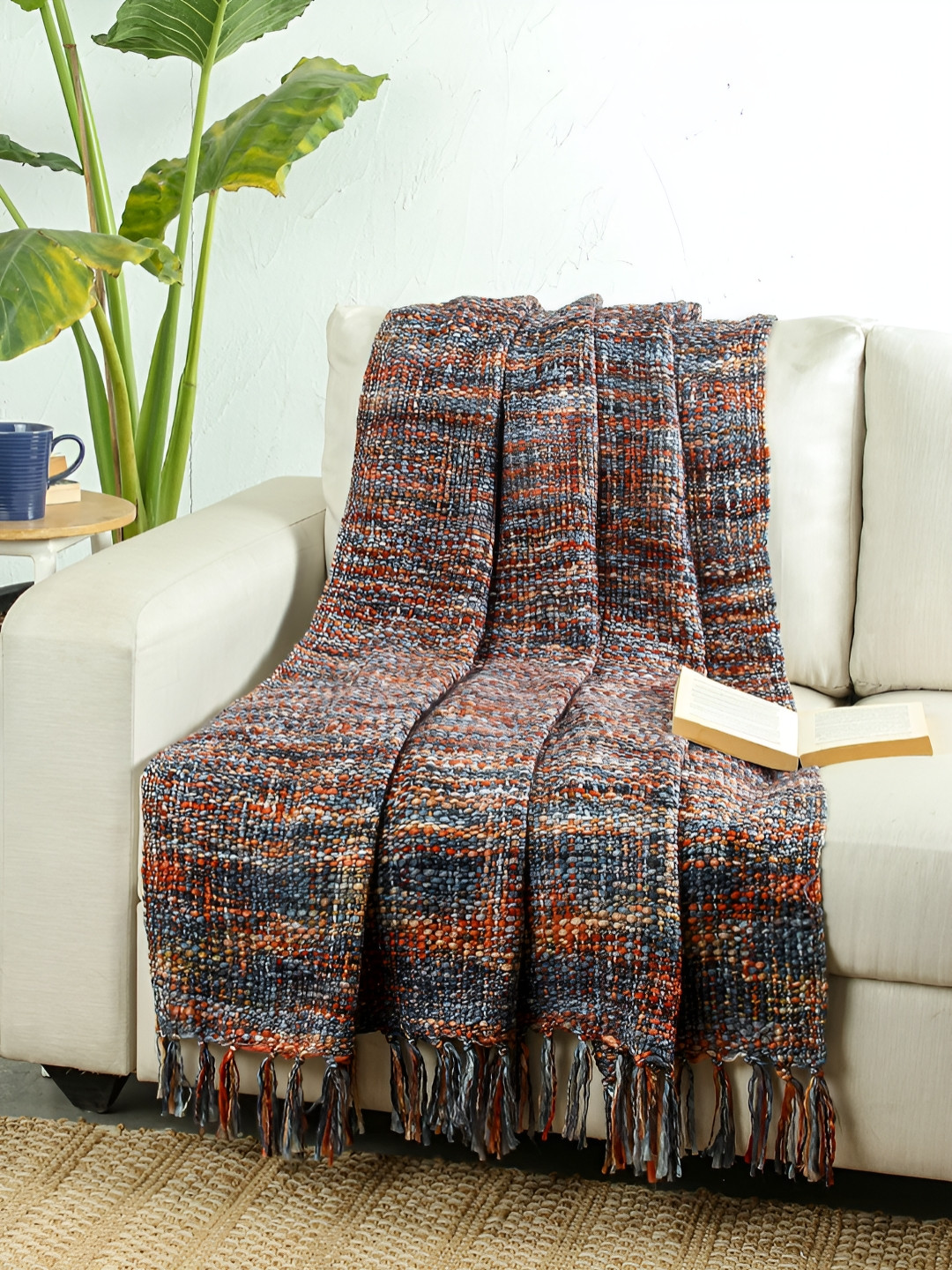House This Blue & Orange-Colored Self-Design Tushar Sofa Throw