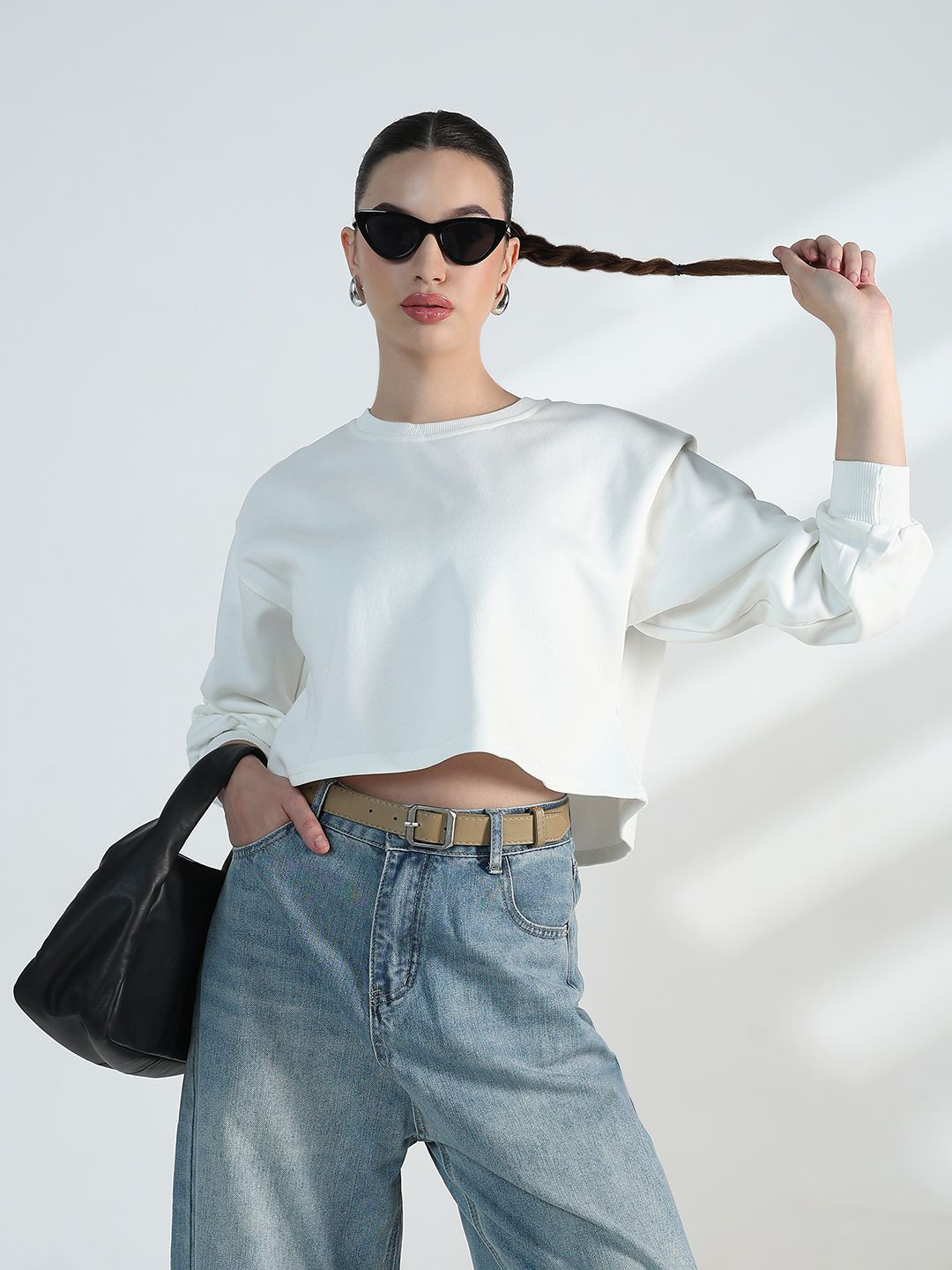 SHOWOFF Women Solid Round Neck Oversized Boxy Crop Top