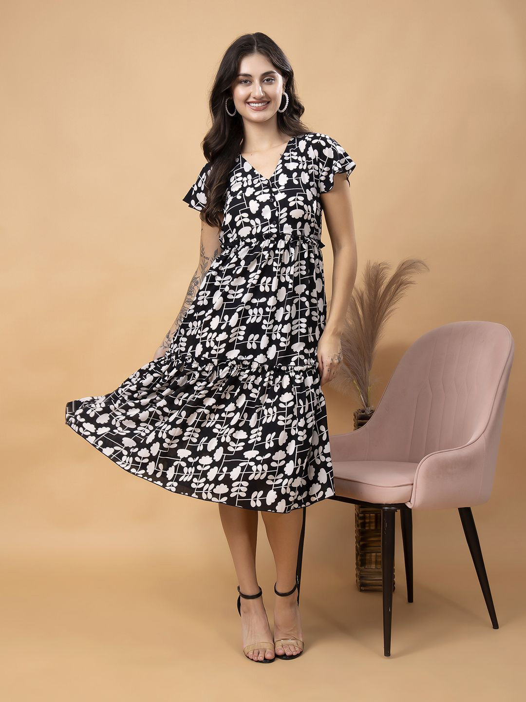 Popwings Women Floral Print Short Sleeve Fit & Flare Midi Dress