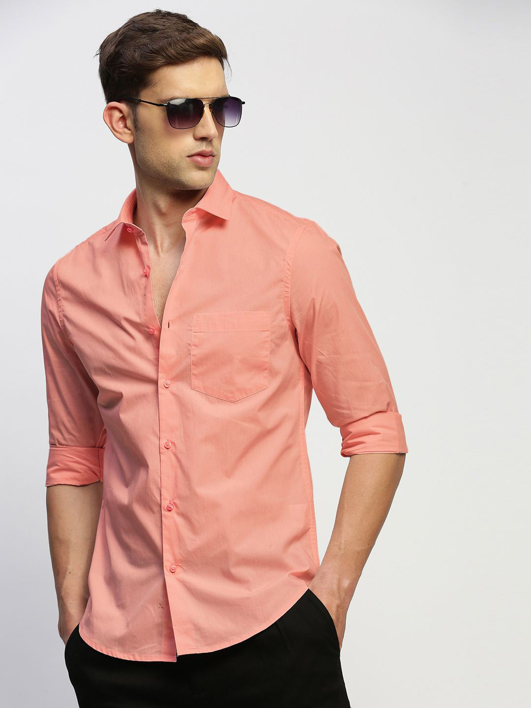 SHOWOFFFF Smart Spread Collar Slim Fit Cotton Shirt