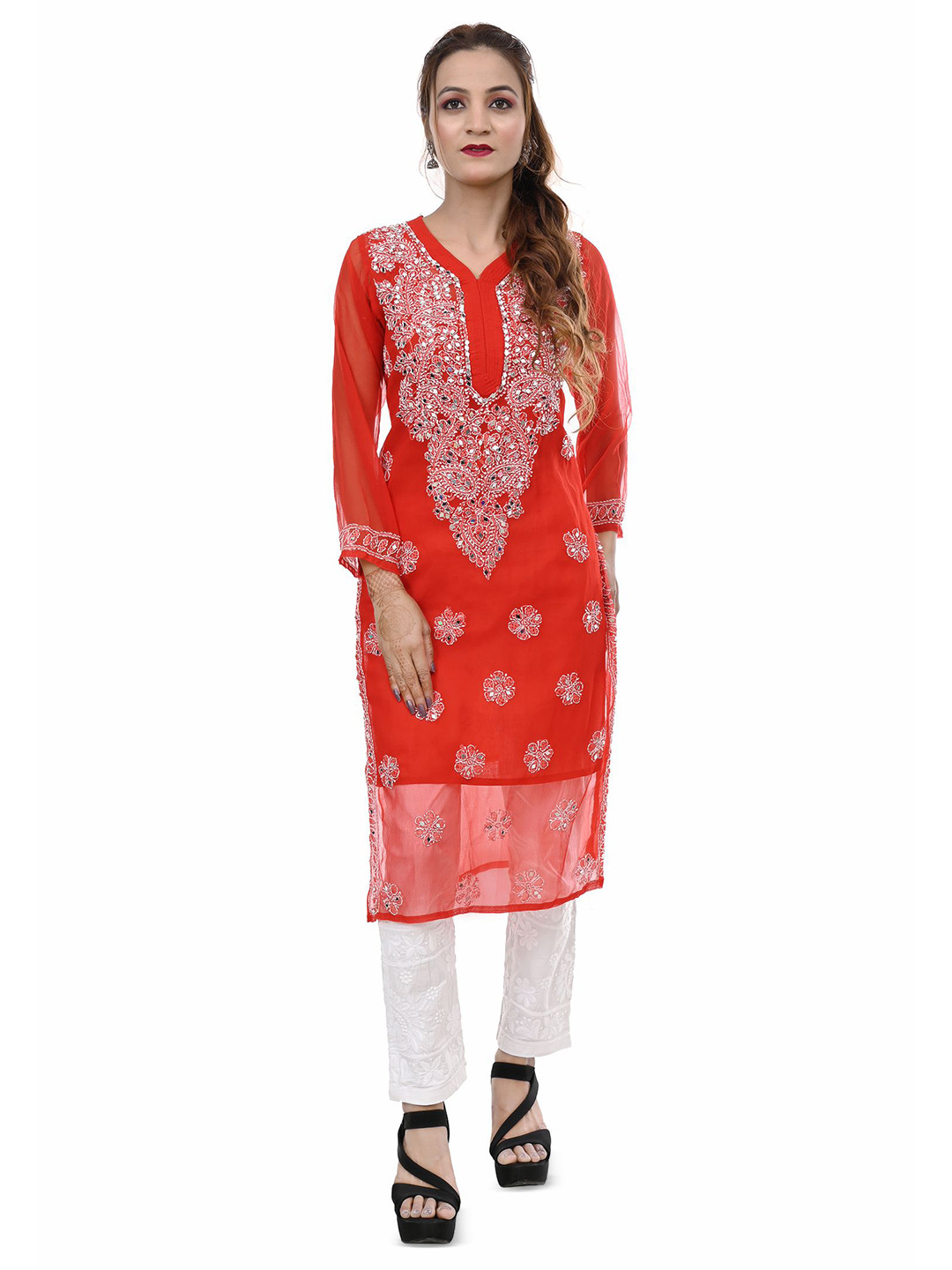 BEAUTY CHIKAN HANDICRAFTS Women Floral Embroidered Straight Calf Length Georgette Kurta