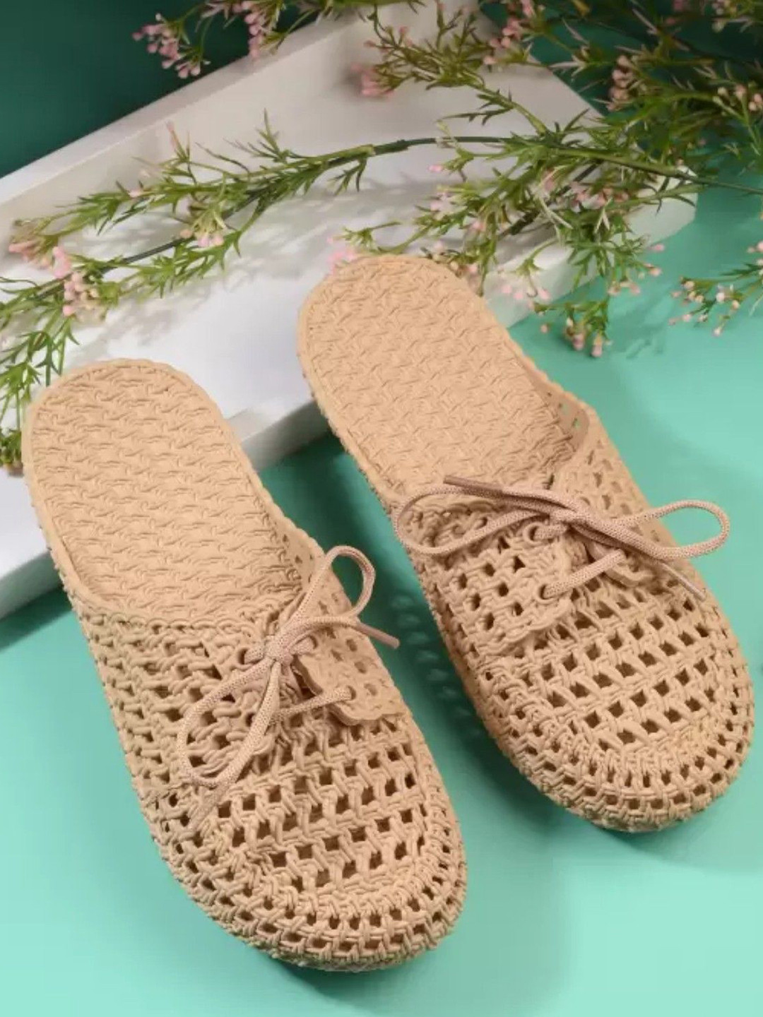 Monoction Women Textured Round Toe Laser Cuts Rubber Open Toe Flats