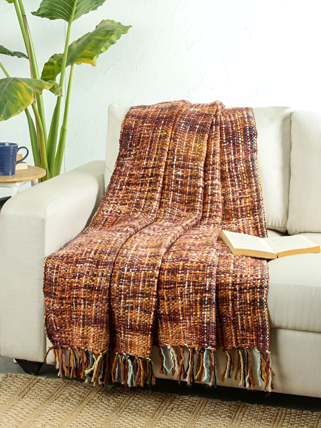 House This Brown & Yellow Self-Design Kairavi Sofa Throw