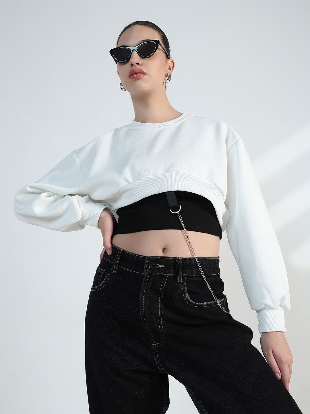 SHOWOFF Women Solid Round Neck Oversized Drop-Shoulder Sleeves Crop Top