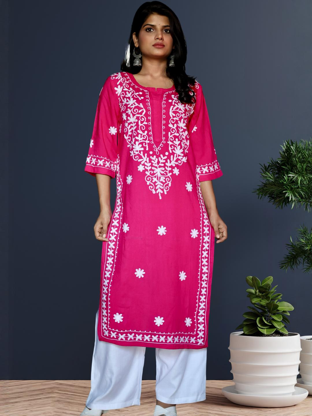 myplusfashion Pink Viscose Rayon Kurtas