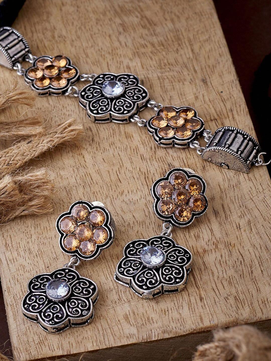 Sangria German Silver Plated & Mustard Stone Studded Floral Shaped Choker Set