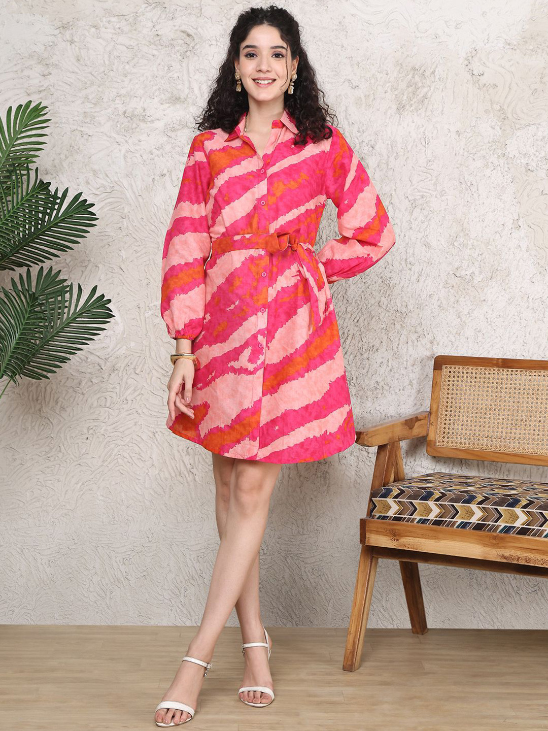 Claura Printed Puff Sleeves Shirt Coller Shirt Dress