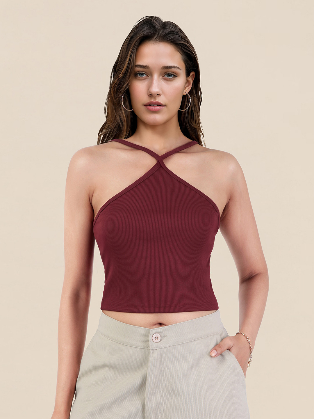 DressBerry Ribbed Cross Halter Neck Crop Top