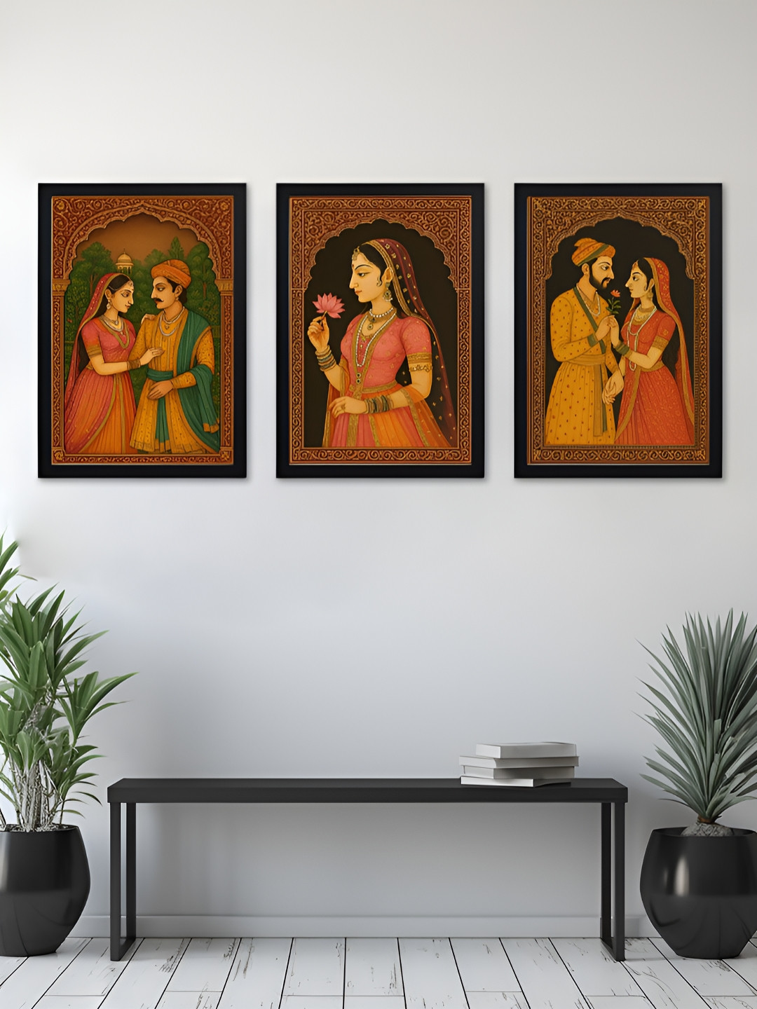 Giftii Romance Rajasthani Couple Wood 3 Piece Rectangle Paintings Wall Art -18 x 13 In