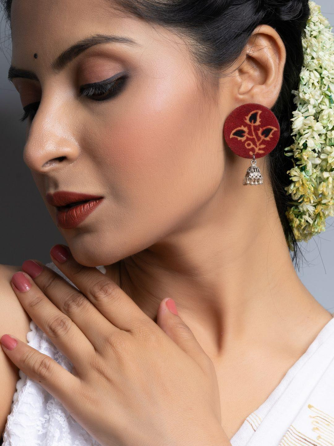 Look and Adorn Ajrakh Fabric Stud Jhumka Earrings