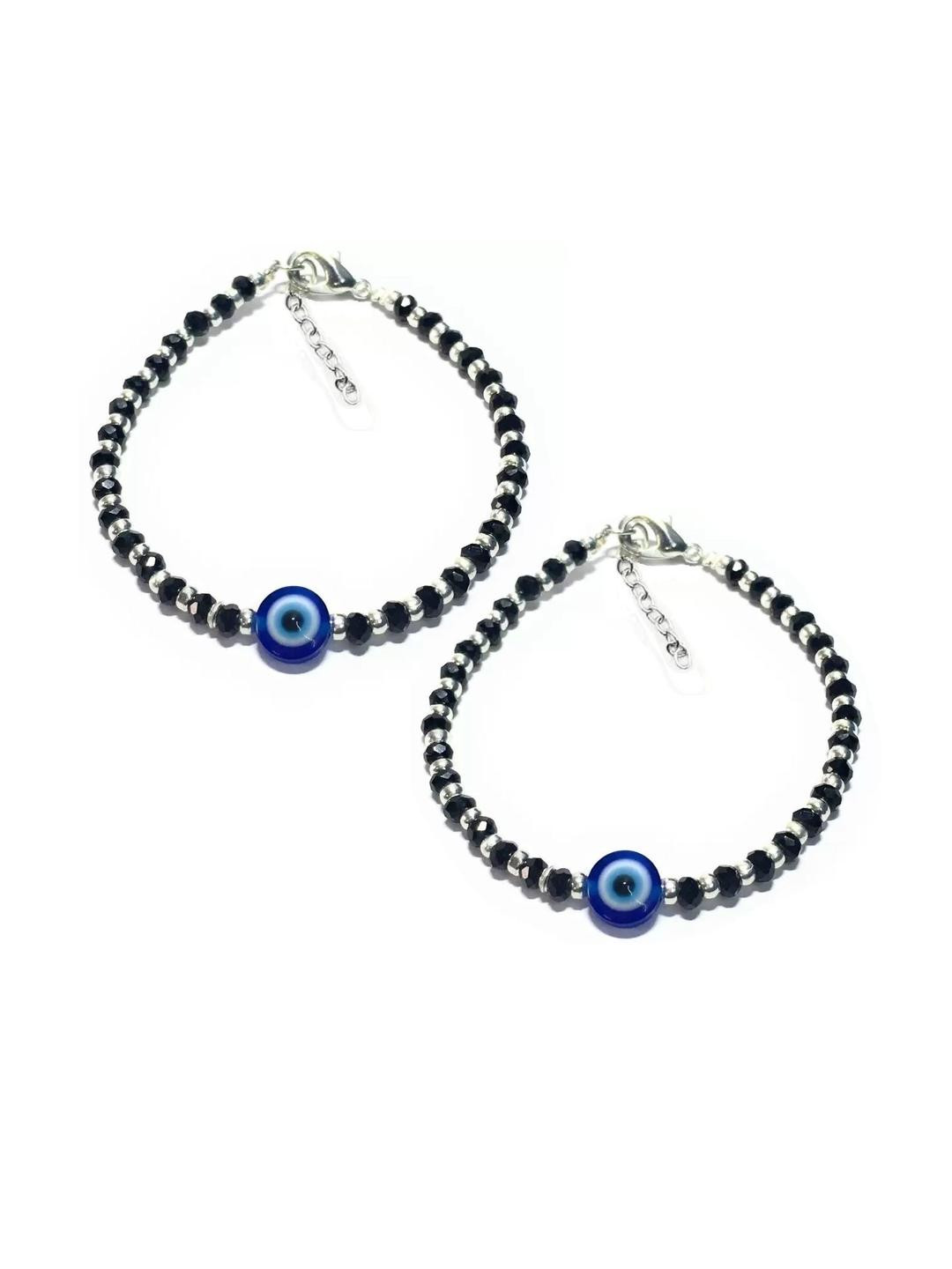 Inites Unisex Set Of 2 Silver-Plated Evil Eye Crystal Bracelets