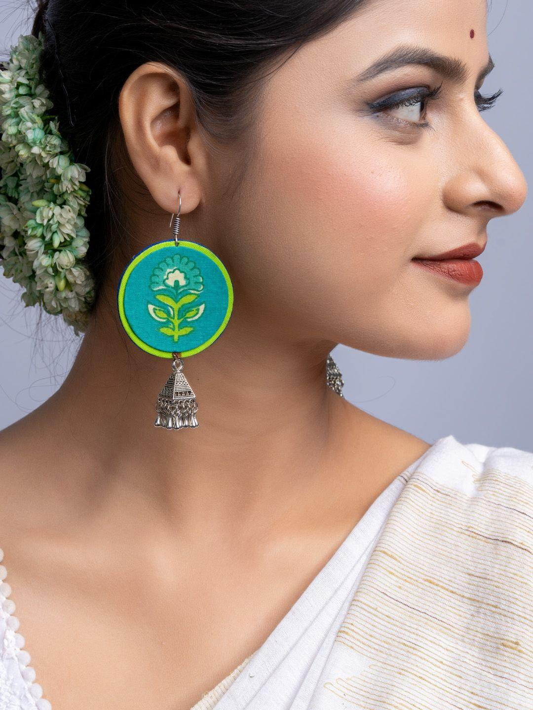 Look and Adorn Teal Green Fabric German Silver Jhumka Earrings