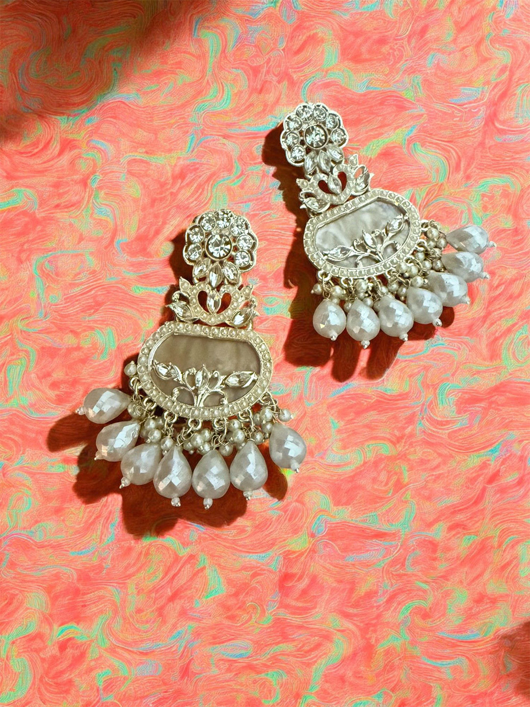 Rebekah Crystal Studded & Pearls Beaded Floral Shaped Drop Earrings