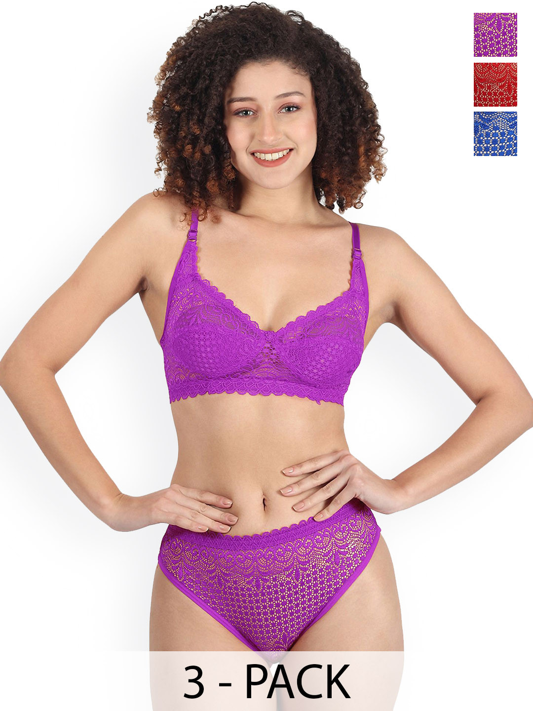 PIBU Pack Of 3 Non Padded Lingerie Sets B-Rain-Set_R,B,Pu