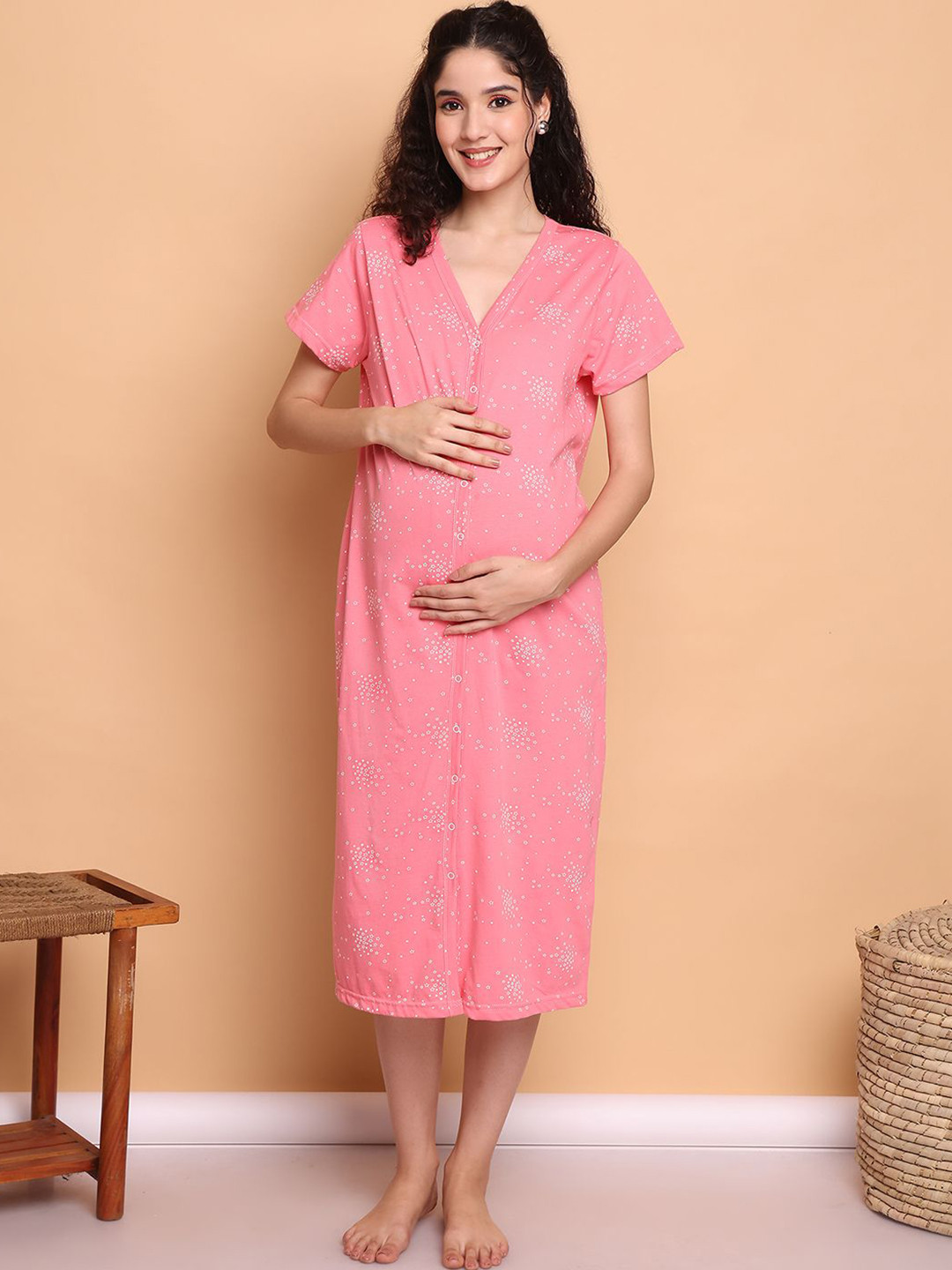 Secret Wish Pink Printed Hosiery Zipless Maternity Nightdress
