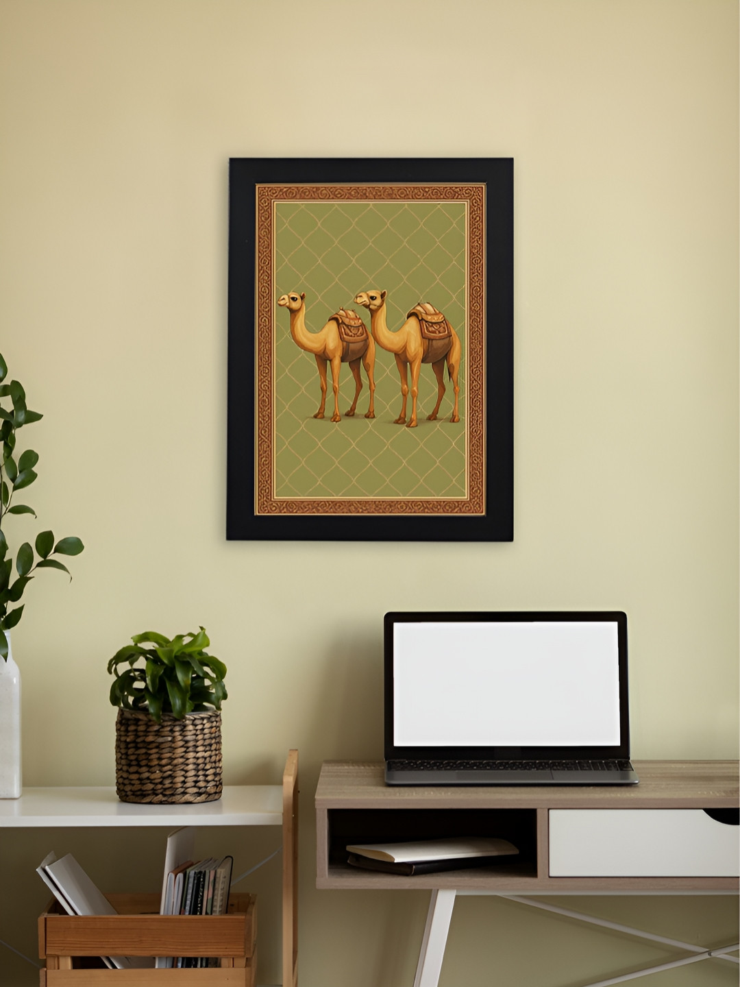 Giftii Black & Green Desert Companions Twin Camels Printed Wooden Wall Art