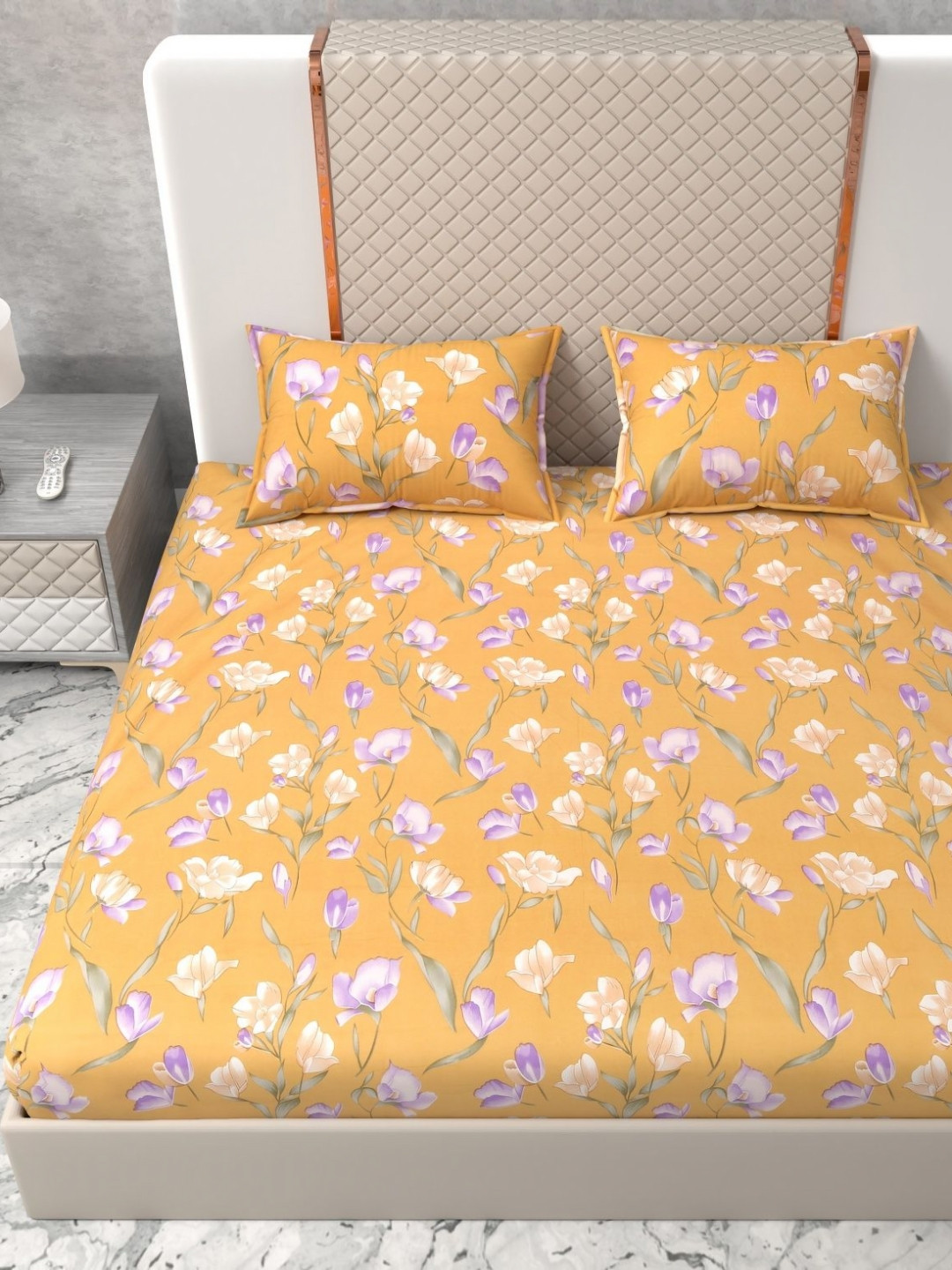 Star Weaves Yellow & Purple Floral Cotton 350 TC Queen Bedsheet Set 1.52 m x 1.98 m