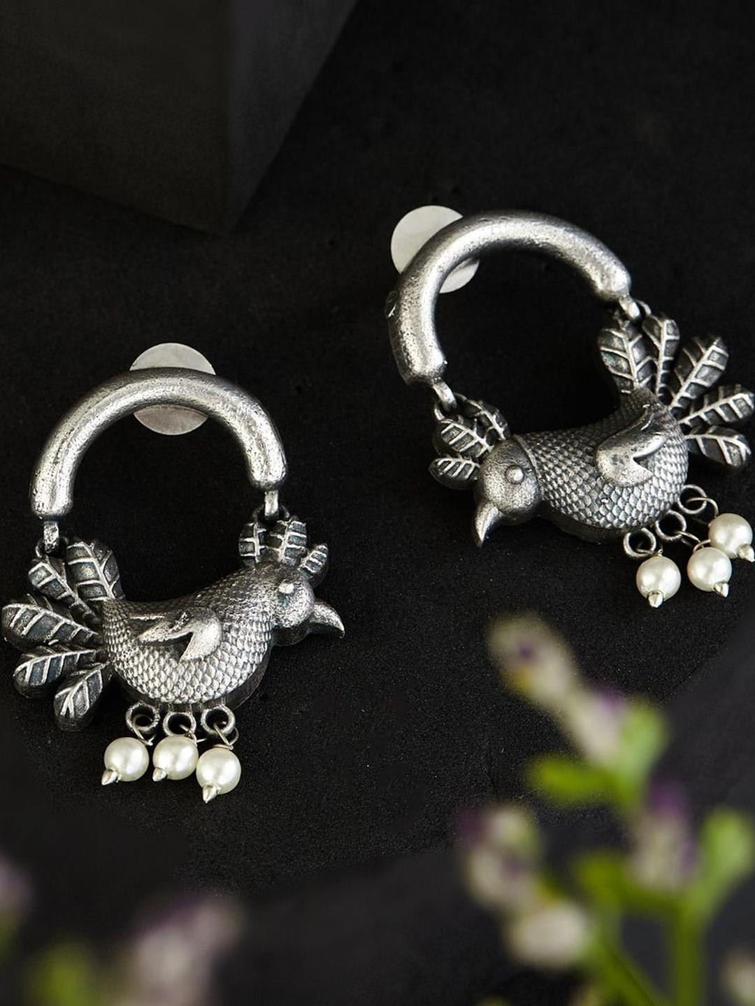 Anouk German Silver Pearls Beaded Animal Shaped Drop Earrings