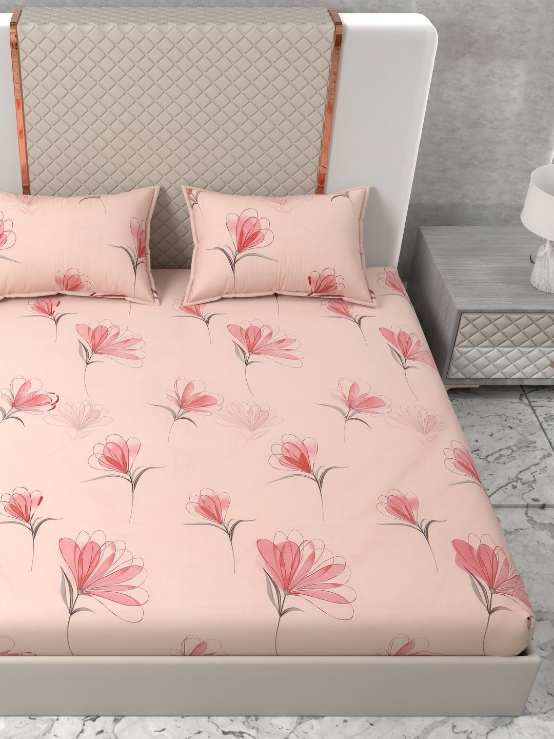Star Weaves Pink & Peach-Coloured Floral 350 TC Queen Bedsheet with 2 Pillow Covers