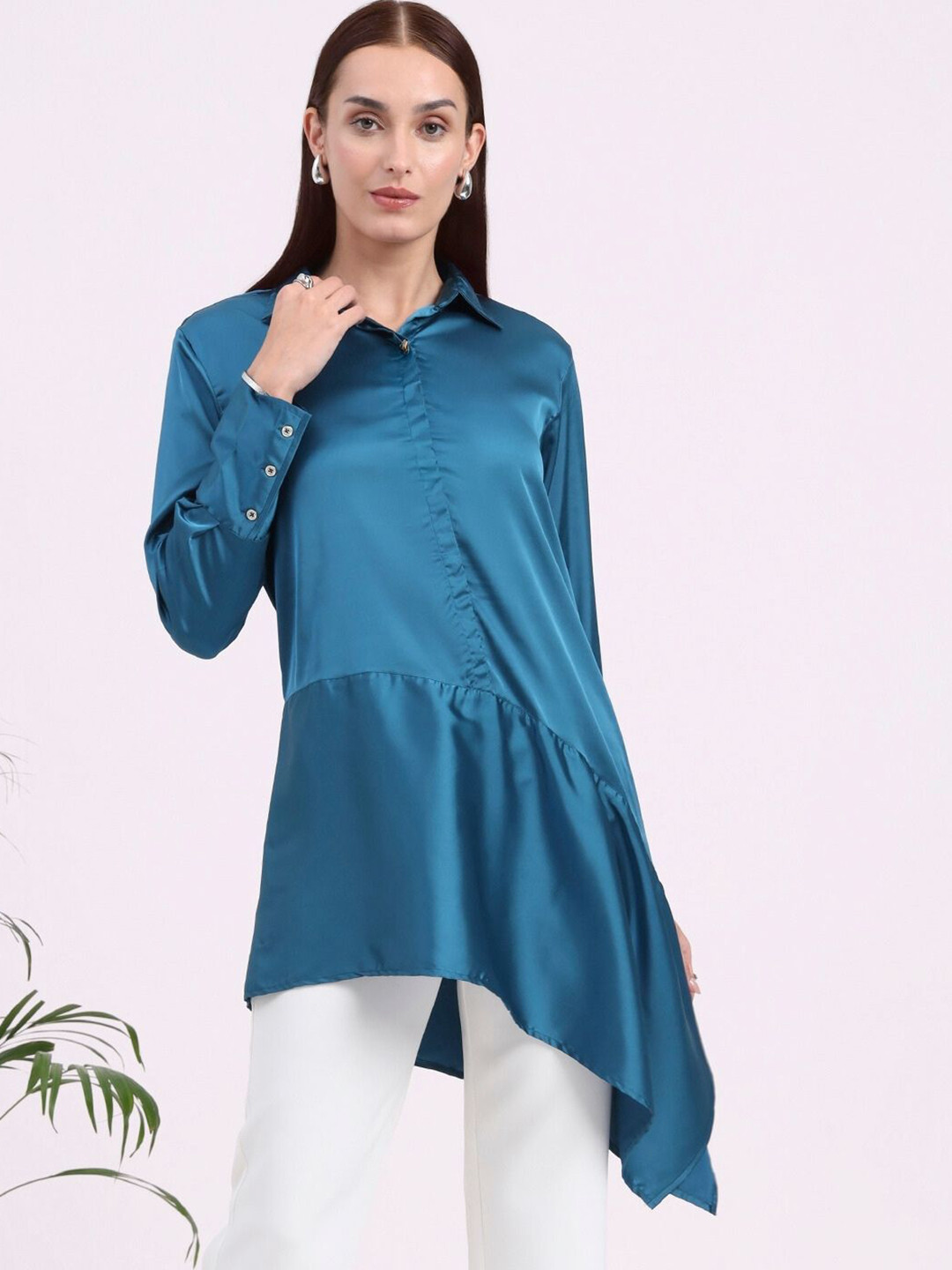 AMSWAN Women European Satin Asymetrical Shirt Top