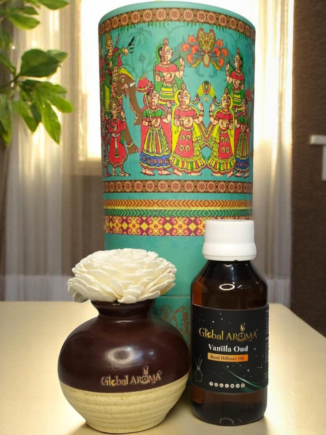 GLOBAL AROMA Vanila Oud Fragracne Ethenic Flower Pot Reed Diffuser Set