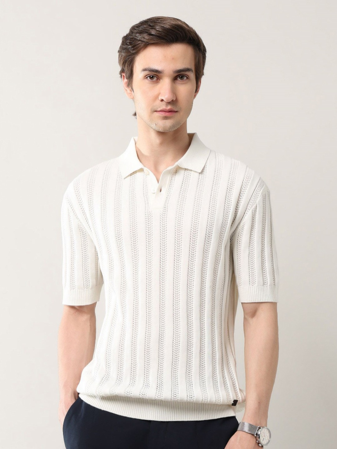 Arrow Self Design Polo Collar Relaxed Fit Cotton T-shirt