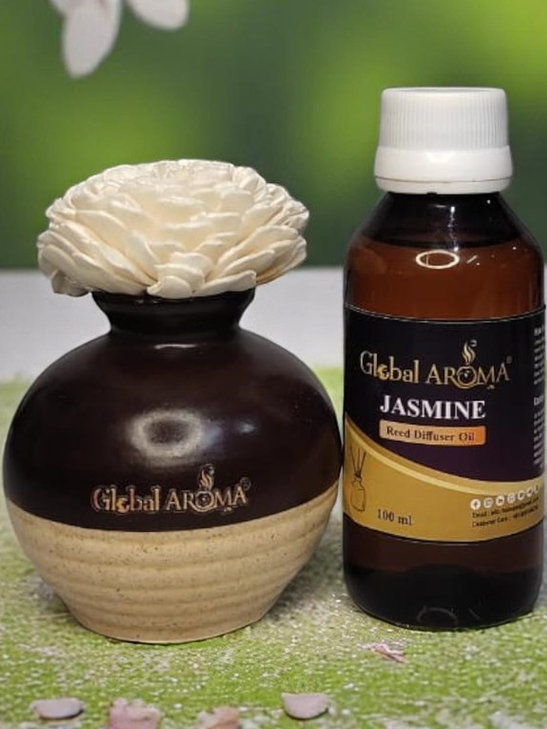 GLOBAL AROMA Jasmine Fragracne Ethenic Flower Pot Reed Diffuser Set