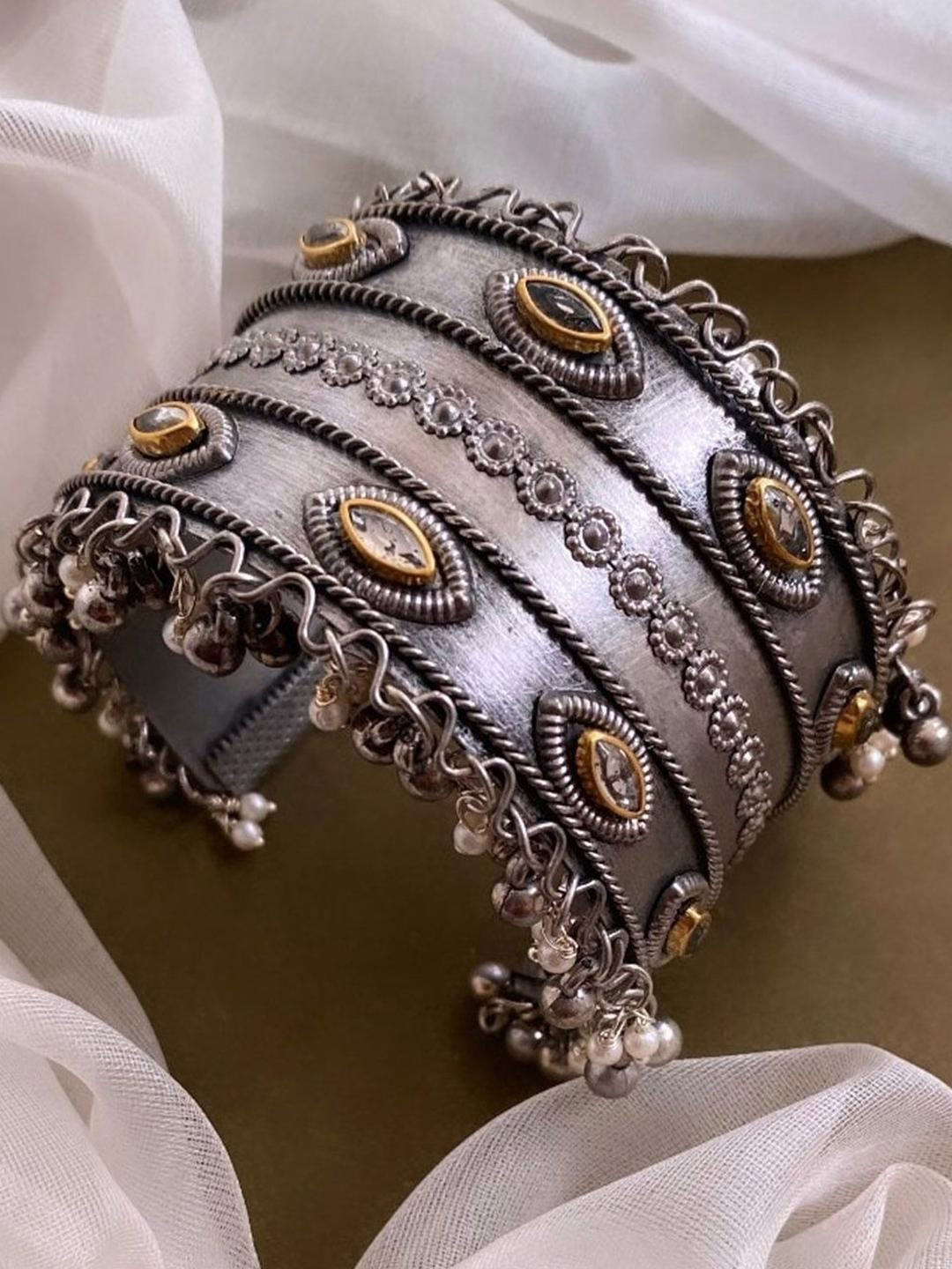 Sangria German Silver Plated & Gold Kundan Stone Studded & floral textured Adjustable Bangle